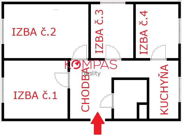 Půdorys 3pokojového bytu s chodbou a kuchyní.