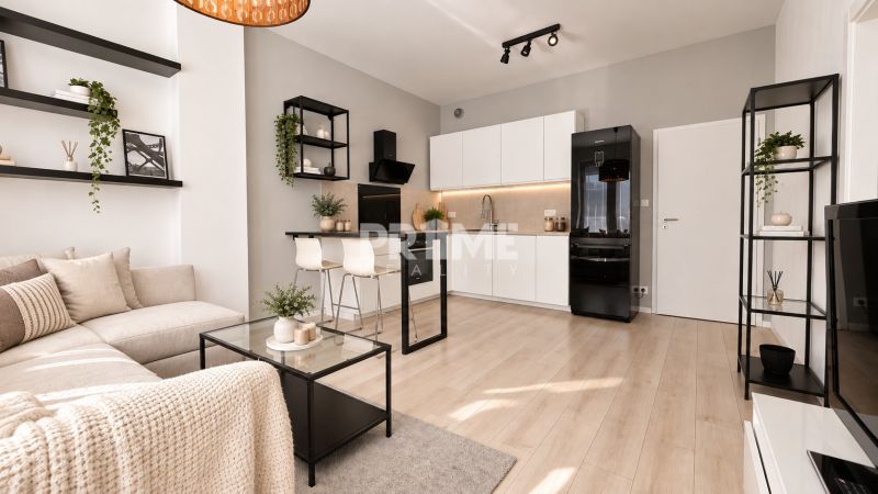 Stylový 2-pokojový byt s podlahou s dřevěným dekorem a moderní kuchyní.