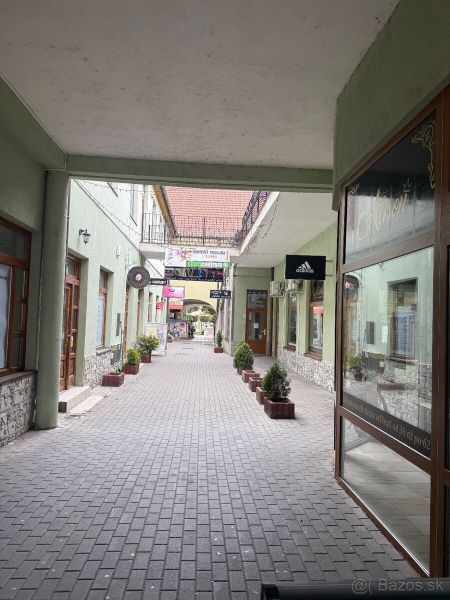 Pasáž s obchodními prostory v Topoľčanech se stromečky a cedulkami na budovách.