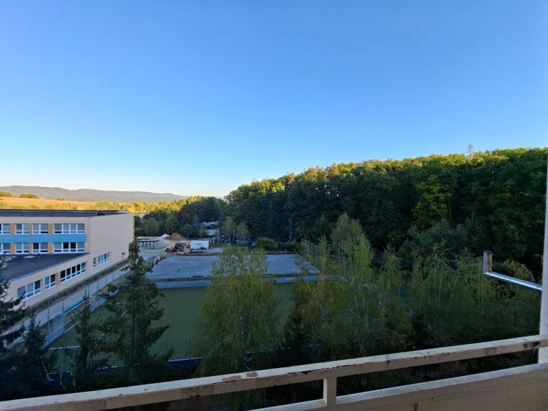 Výhled z 1-pokojového bytu na Školní ulici v Kaniance s lesy a školou.