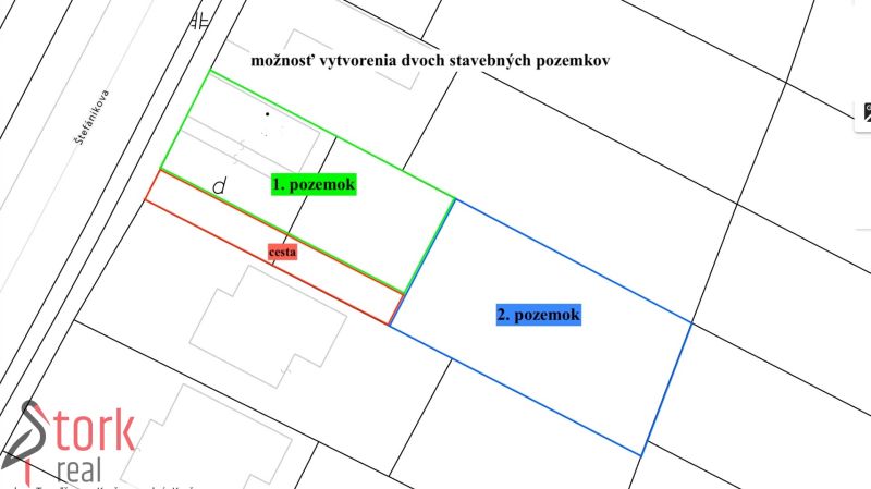 Mapa pozemků na Štefánikově ulici v Krušovcích pro bydlení.