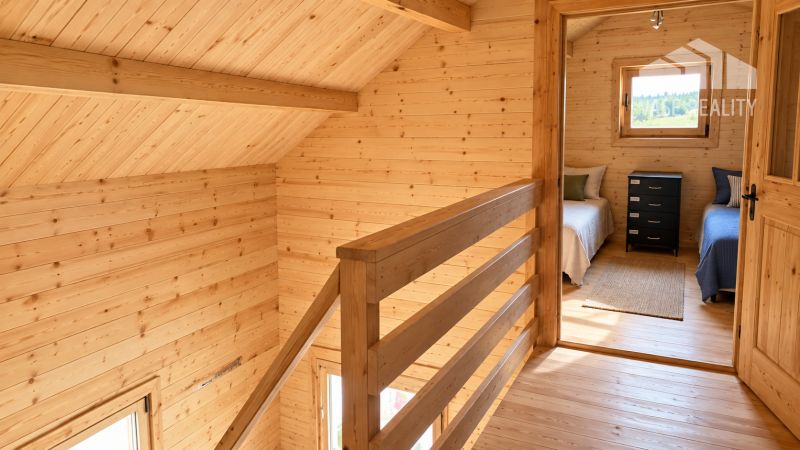 Interiér chaty s podlahou s dřevěným dekorem a dvěma postelemi v pokoji.