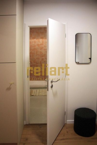 Interiér 1-pokojového bytu s otevřenými dveřmi, zrcadlem a podlahou s dřevěným dekorem.