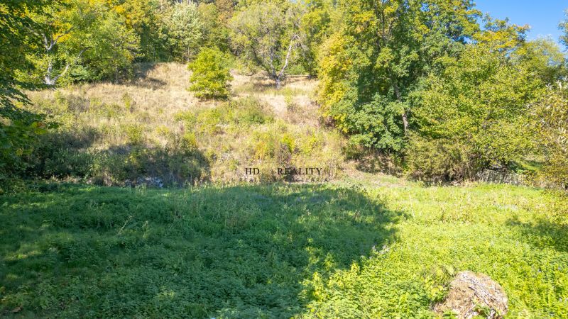 Rekreační pozemky ve Štiavnických Baniach s bujnou zelenou vegetací a stromy.