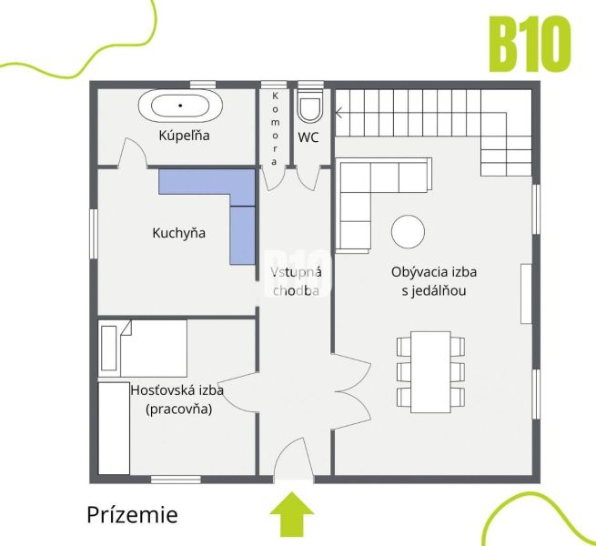 Půdorys přízemí rodinného domu: obývací pokoj s jídelnou, kuchyně, koupelna, pokoje.