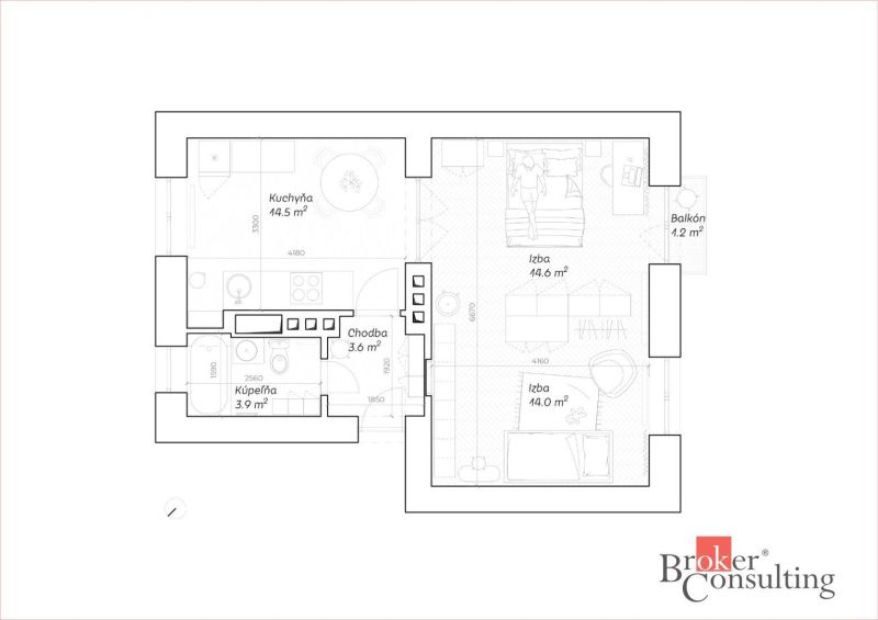 Půdorys 2-pokojového bytu s kuchyní, koupelnou a balkonem, 48,5 m².